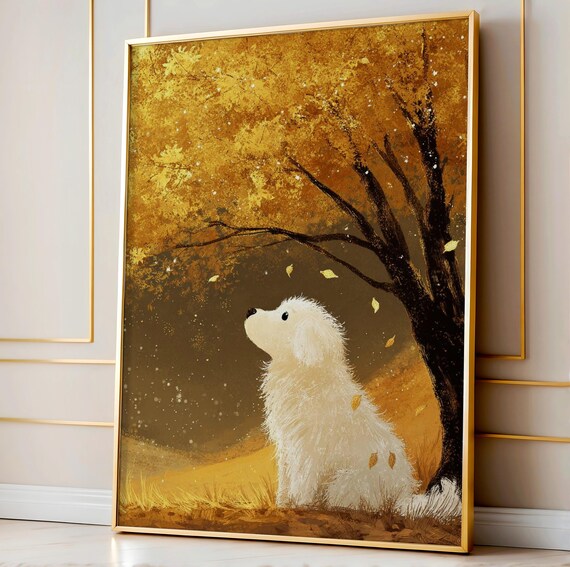 Dog Under Golden Tree Print Whimsical Nursery Wall Art Vintage Animal Kids Room Decor Storybook Nature