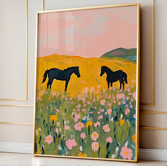 Wild Black Horses Golden Meadow Colorful Wildflower Field Art Poster