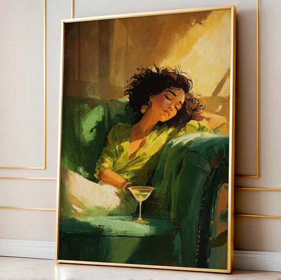 Reclining Woman With Empty Cocktail Soft Lounge Art Vintage Bar Cart Decor Glam Couch Drawing Illustration
