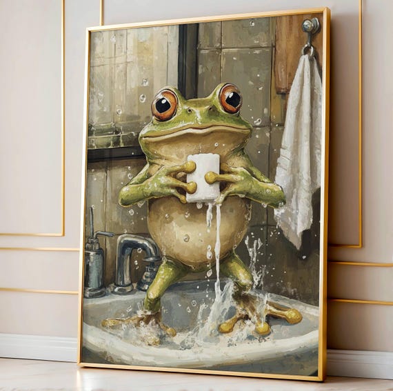 Frog Washing Hands Art Print Funny Bathroom Poster Quirky Sink Decor Vintage Illustration