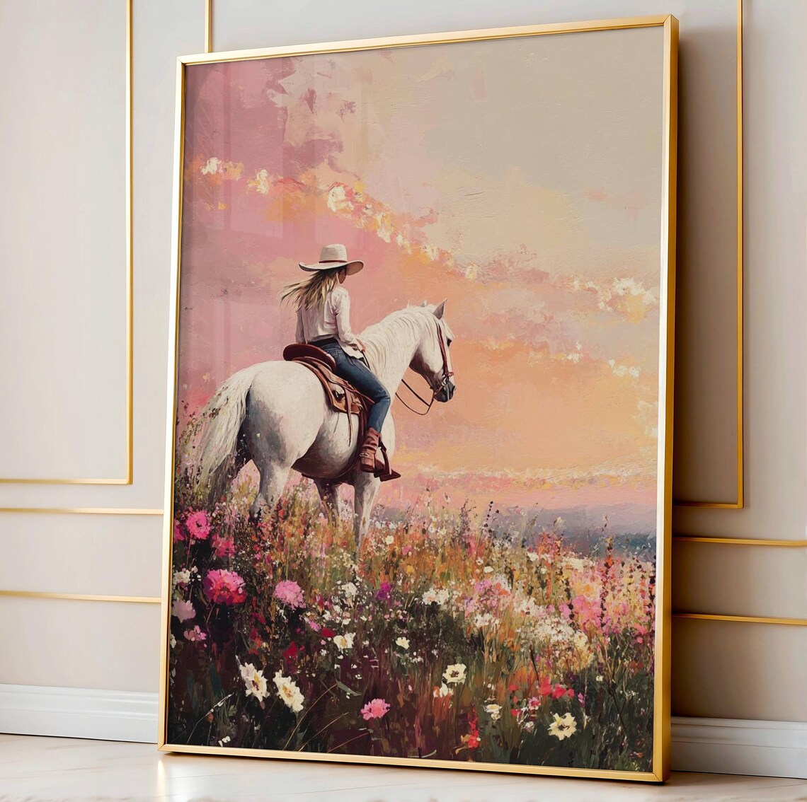 White Horse Cowgirl Riding Pink Floral Meadow Pastel Art Poster