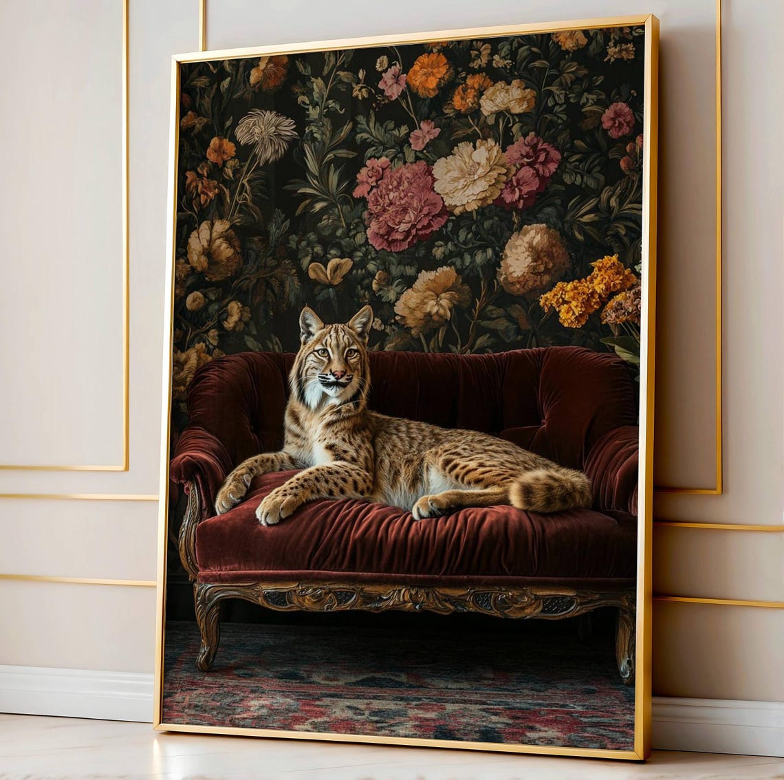 Maximalist Lynx on Velvet Settee Dark Floral Boho Vintage Art Poster