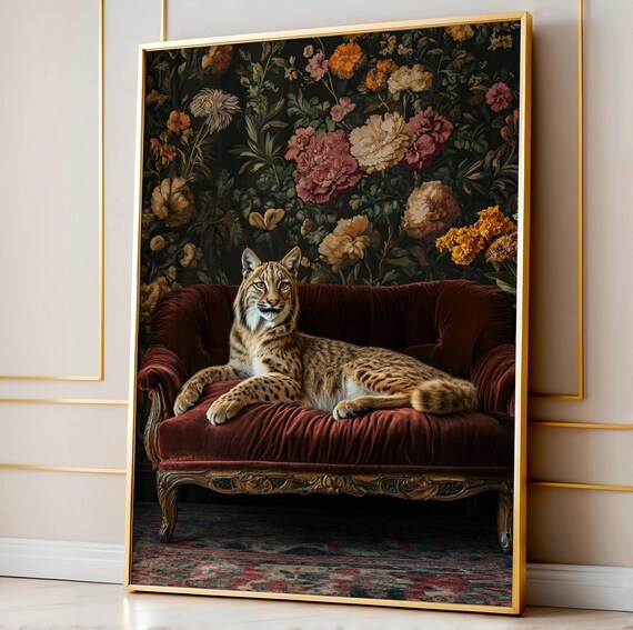 Maximalist Lynx on Velvet Settee Dark Floral Boho Vintage Art Poster