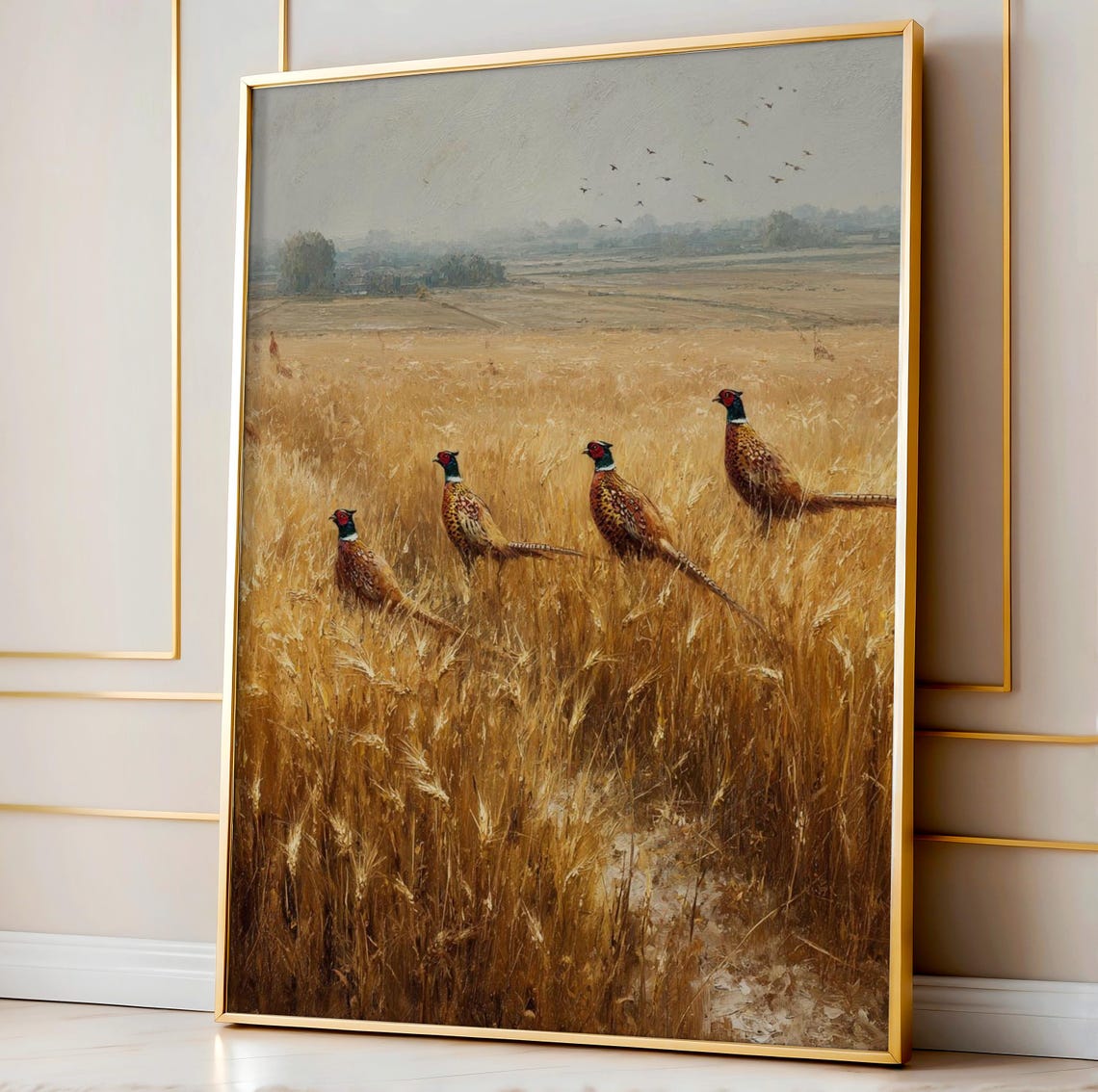 Four Pheasants Striding Through a Golden Wheat Field Oil Poster