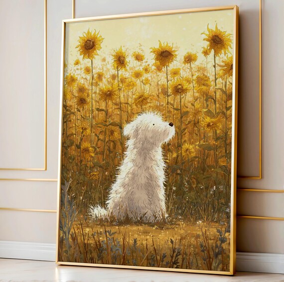White Dog With Sunflowers Print Whimsical Storybook Nursery Wall Art Vintage Animal Kids Room Decor Nature Illustration