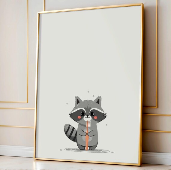 Cute Raccoon Brushing Teeth Kids Bathroom Animal Print for Nursery Walls