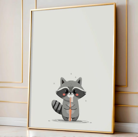 Raccoon Toothbrush Bathroom Art Cute Animal Kids Wall Decor