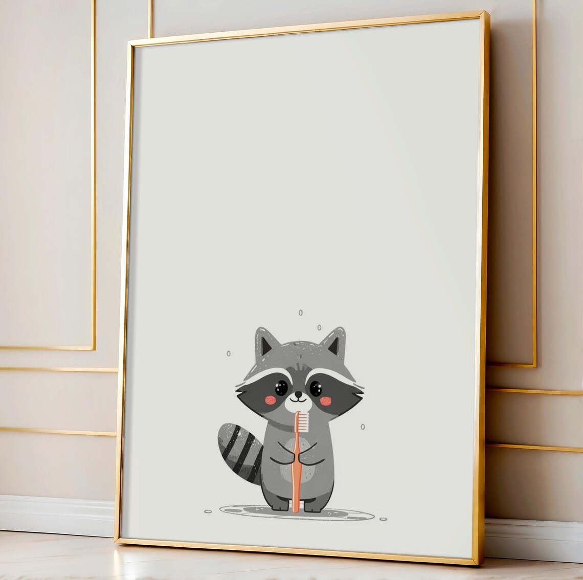 Cute Raccoon Brushing Teeth Kids Bathroom Animal Print for Nursery Walls