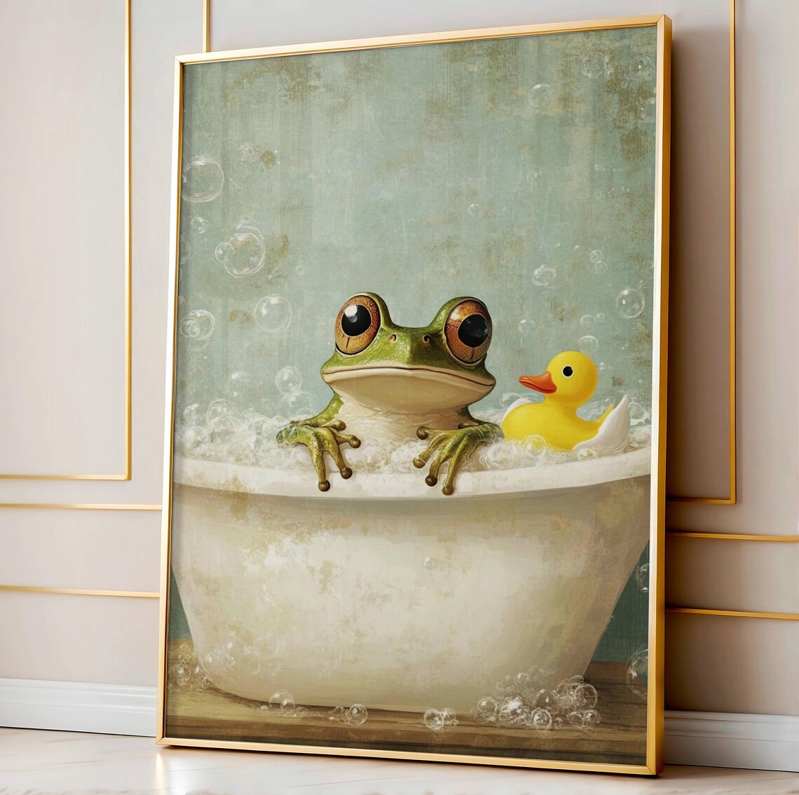 Frog In Bathtub Retro Bathroom Art Print