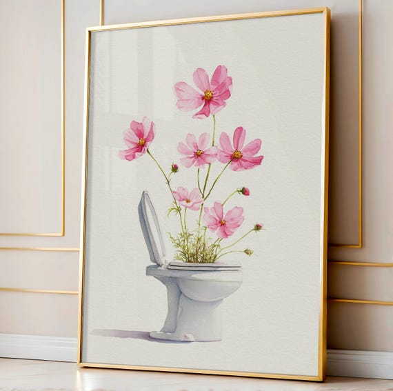 Toilet Bowl Flower Print Funny Watercolor Bathroom Art Minimalist Pink Wall Decor Botanical Humor