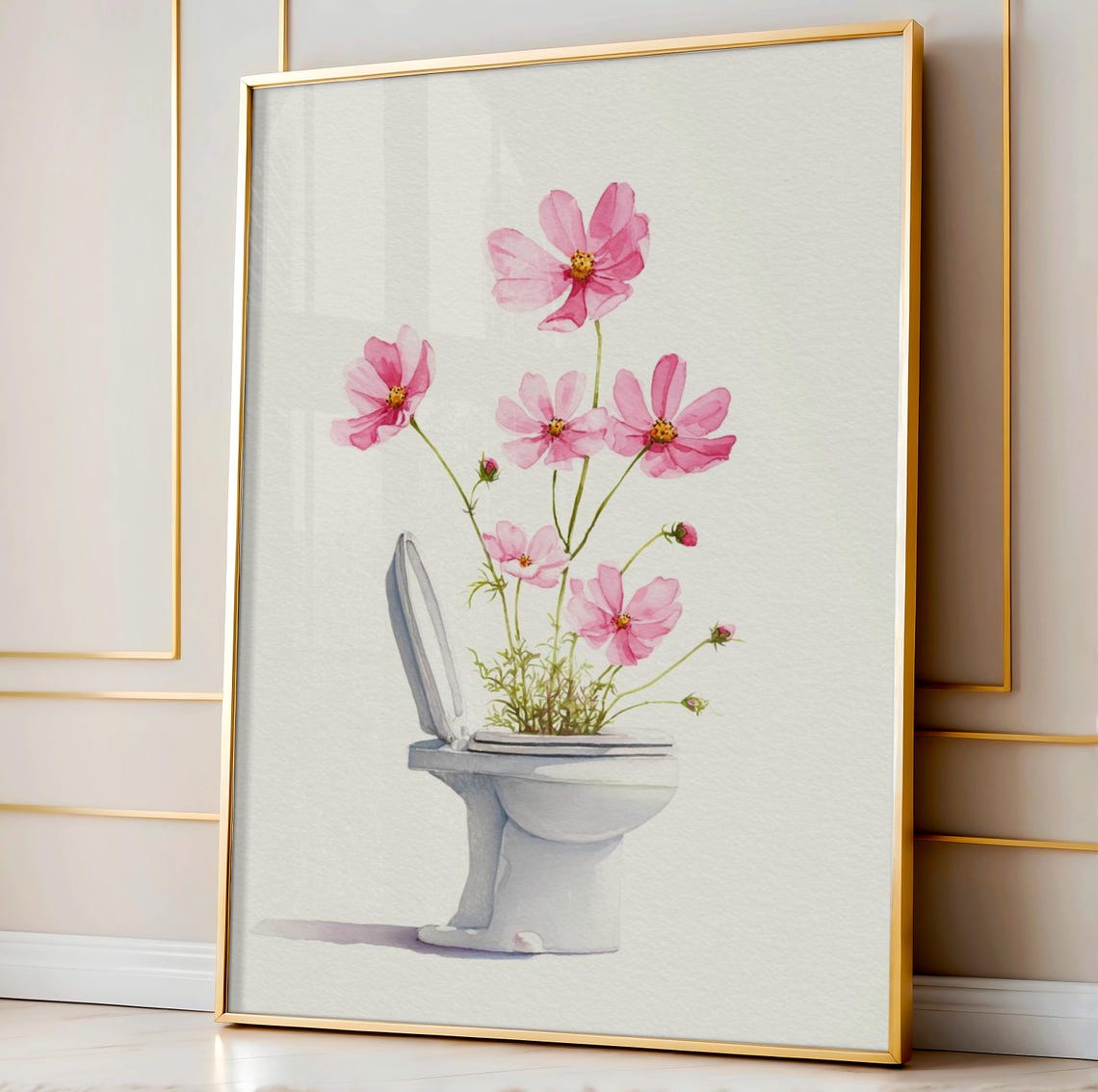 Pink Cosmos Flowers Growing From Toilet Watercolor Funny Poster