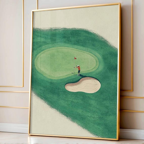 Golf Putting Wall Art Minimalist Sports Print Whimsical Flag Poster Vintage Green Decor