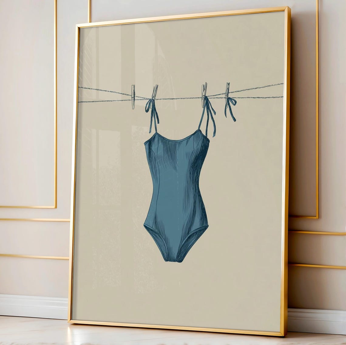 Blue One Piece Swimsuit Hanging on Clothesline Minimal Coastal Poster