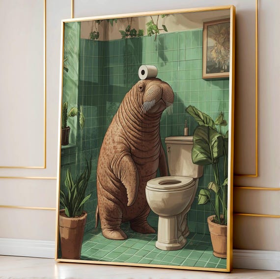 Funny Bathroom Wall Art Walrus With A Toilet Paper Roll On Cute Animal Humor Print Laundry Room Decor