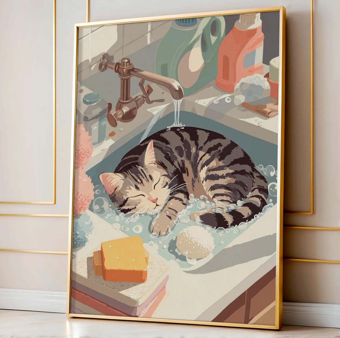 Sleeping Cat In Laundry Sink Whimsical Tabby Kitten Poster Gift