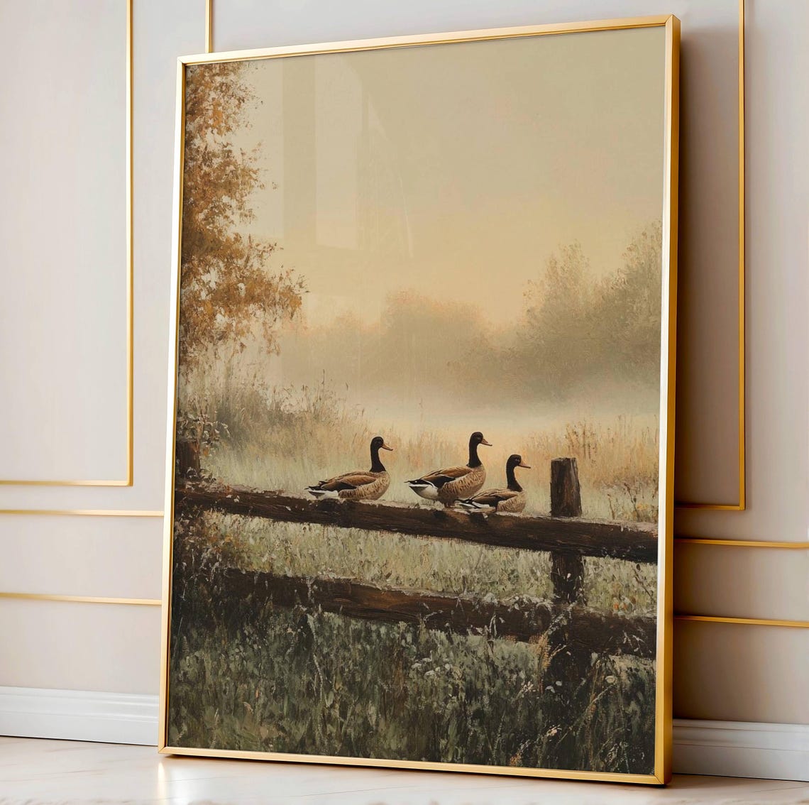 Canada Geese Misty Morning Fence Rustic Country Landscape Poster