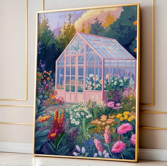 Pink Greenhouse Garden Wall Art Colorful Summer Flowers Whimsical Floral Illustration Botanical Decor