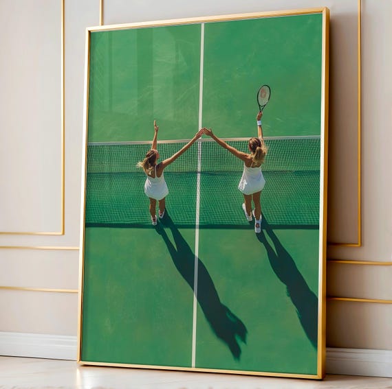 Tennis Friendship Wall Art Minimalist Green Print Two Women High Five On Court Lovers