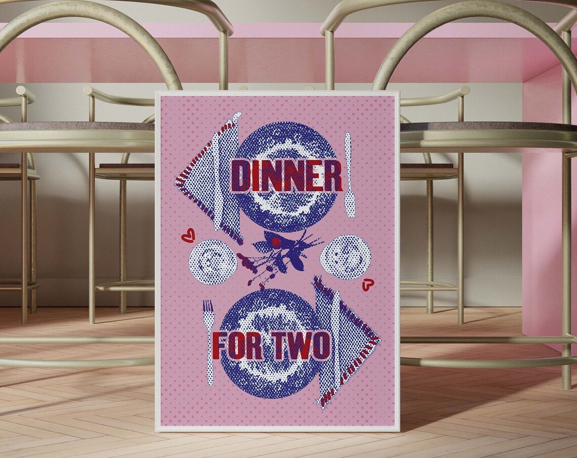 Dinner For Two Plates Halftone Pink Retro Date Night Art Poster