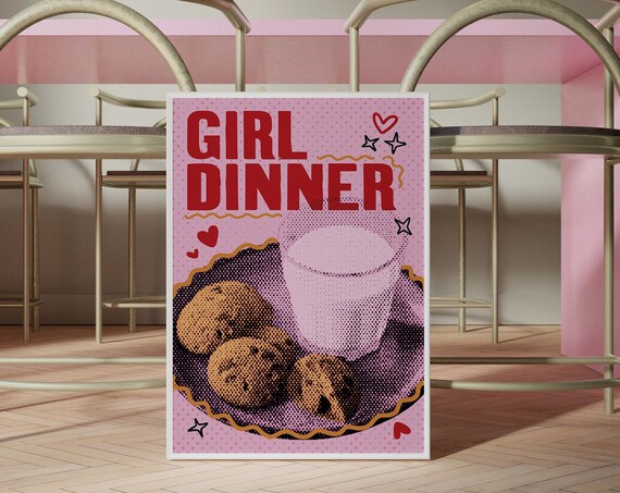 Girl Dinner 70s Poster Cookies Milk Red Pink Preppy Print Girly Dorm Decor Foodie Gifts Food Kitchen Retro Vintage Trendy Wall Art