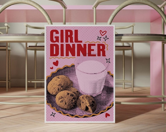 Girl Dinner Cookies And Milk Glass Pink Retro Kitchen Decor Poster