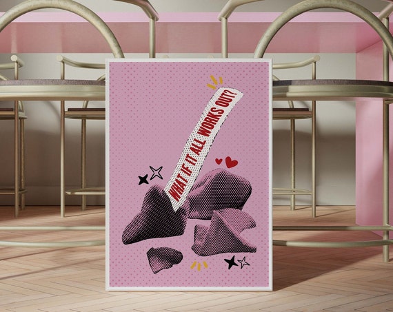 What If It All Works Out Wall Print Vintage Affirmation Poster Stress Relief Quote Fortune Cookie Trendy Preppy Retro Girly 70s Art
