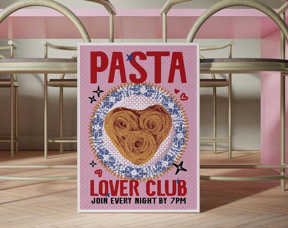 Pasta Lover Club Retro Pink Heart Spaghetti Italian Kitchen Poster