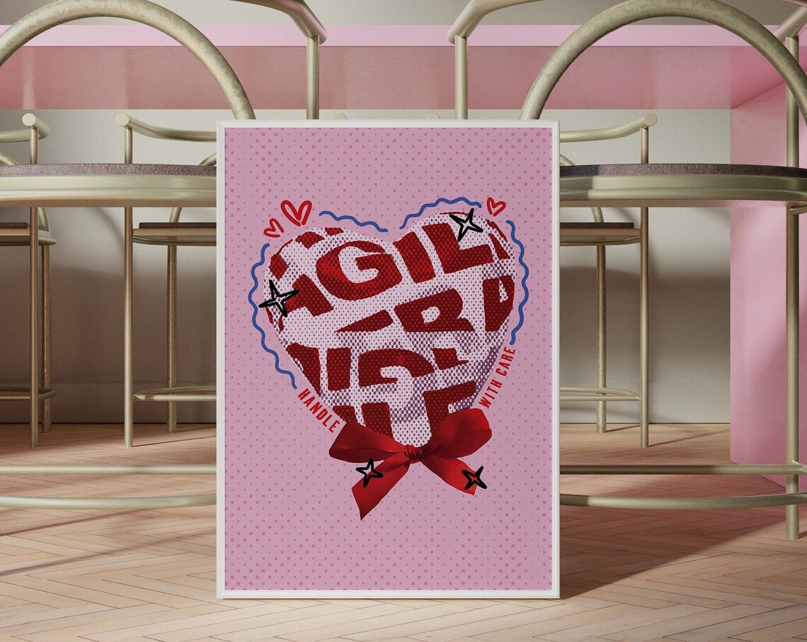 Fragile Handle With Care Heart Balloon Coquette Retro Pink Poster
