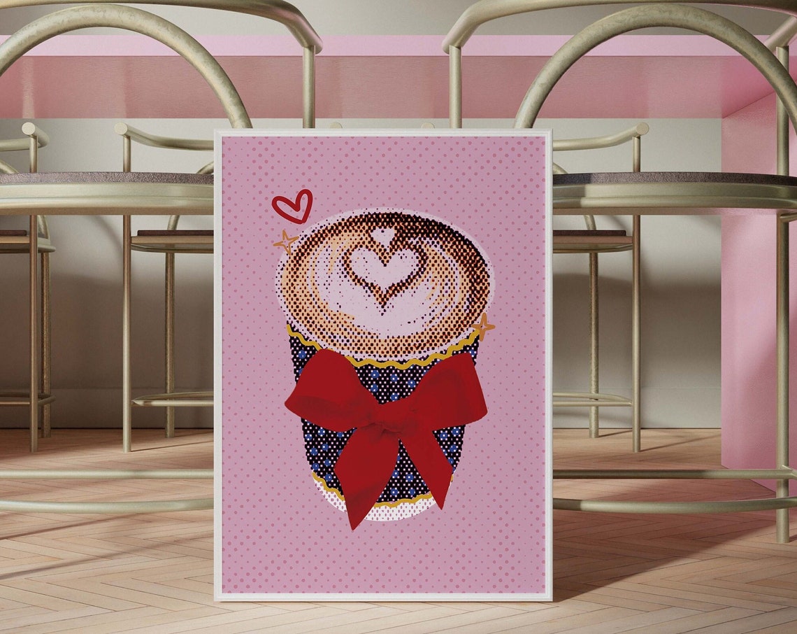 Heart Latte Art Coffee Cup Red Bow Pink Kitchen Decor Poster