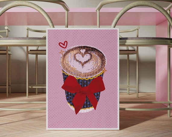 Coffee Mug With Red Bow Poster Coquette Preppy Print Kitchen Decor Retro Vintage Coffeebar Corner Trendy Wall Art Cafe Inspo