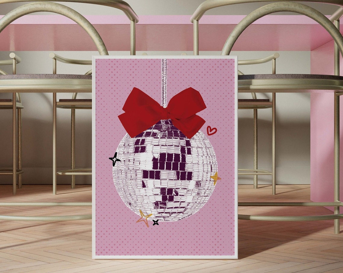 Disco Ball With Red Bow Pink Halftone Party Pop Art Decor Poster