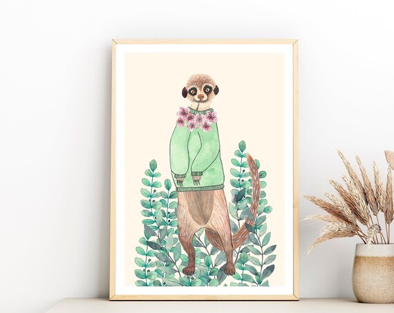 Meerkat Wearing Green Sweater Watercolor Jungle Safari Art Poster