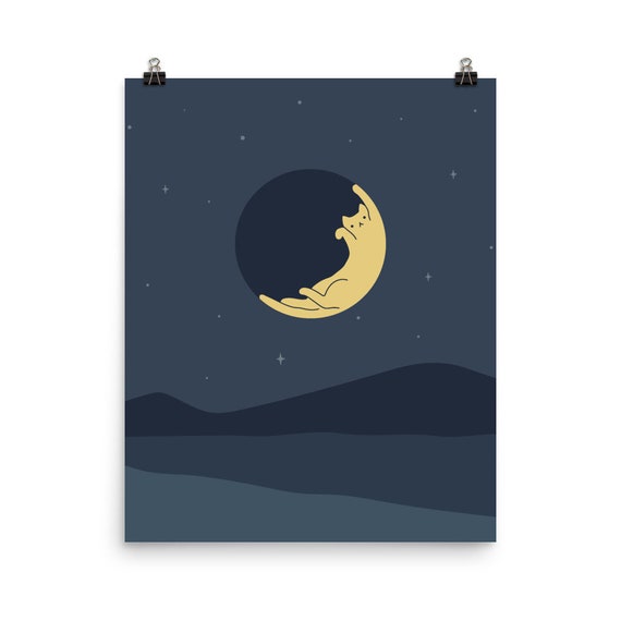 Yellow Cat Sleeping on Crescent Moon Starry Night Sky Art Poster