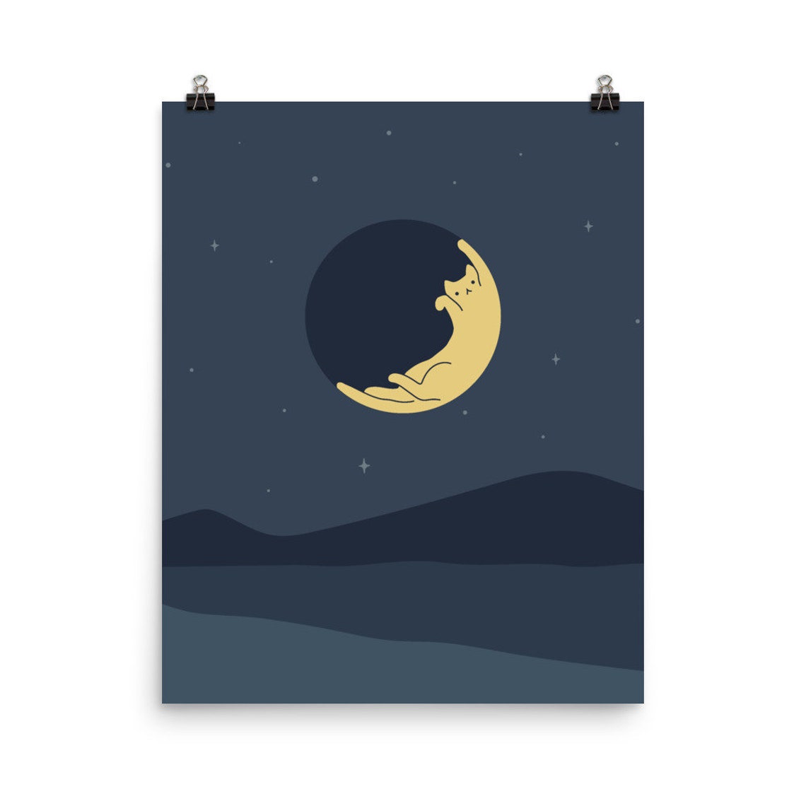 Yellow Cat Sleeping on Crescent Moon Starry Night Sky Art Poster