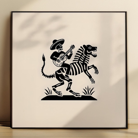 Mariachi Skeleton Riding Beast Linocut Day of Dead Folk Art Poster