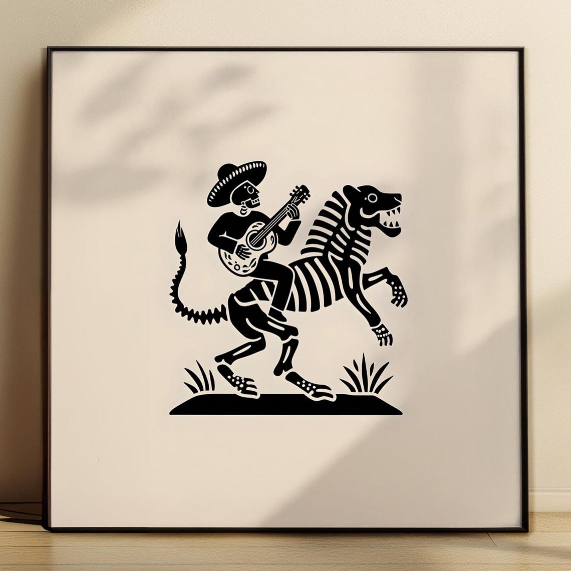 Mariachi Skeleton Riding Beast Linocut Day of Dead Folk Art Poster