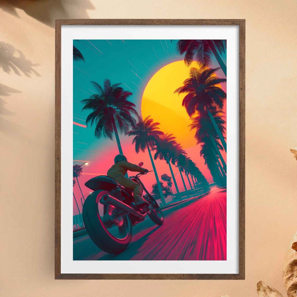 Neon Ride Motorcyclist Sunset Palm Trees Synthwave Art Poster