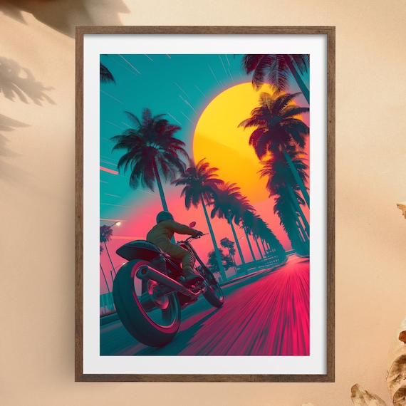 Neon Ride Motorcyclist Sunset Palm Trees Synthwave Art Poster