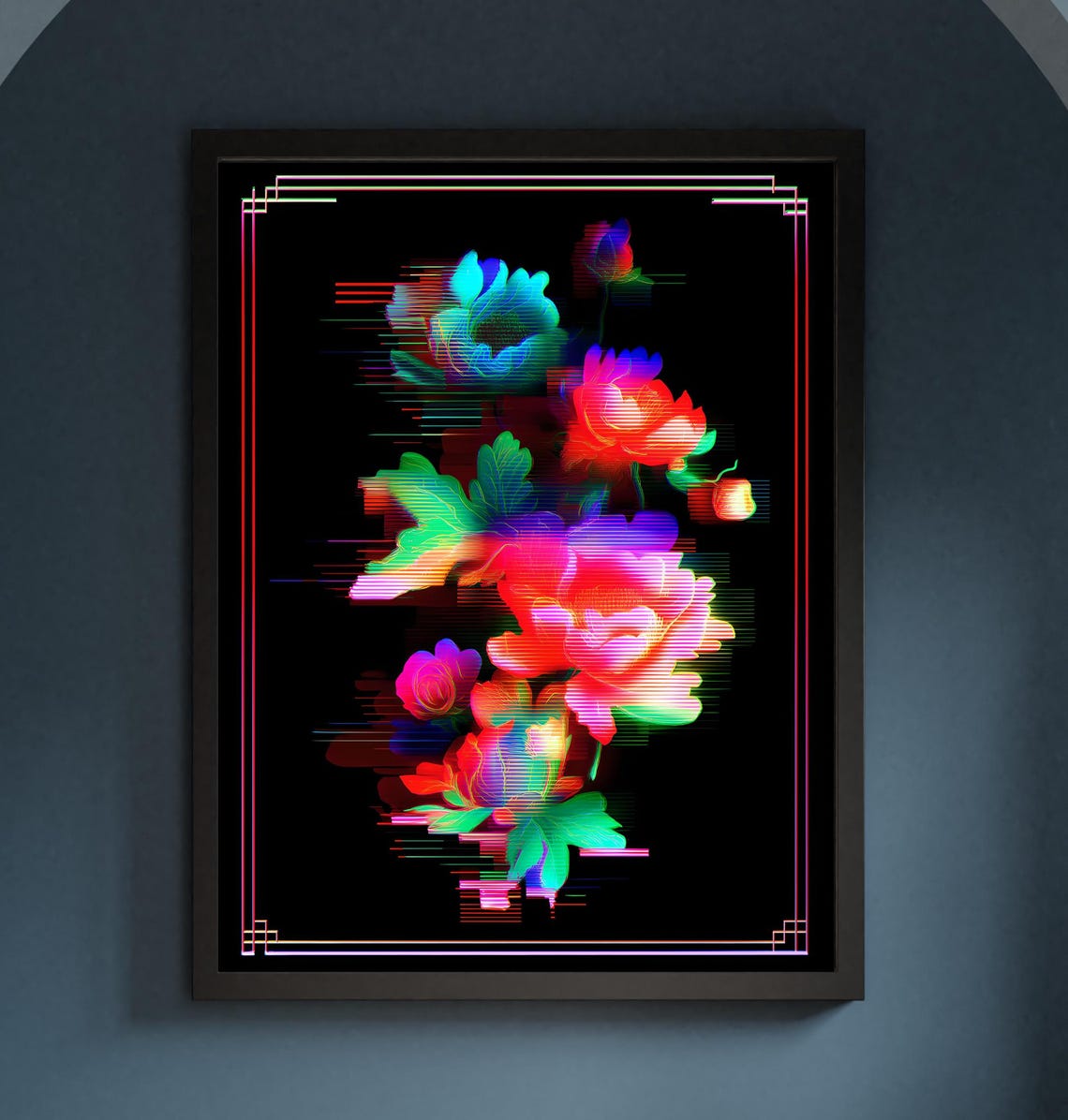 Neon Glitch Peonies Black Background Floral Digital Art Poster