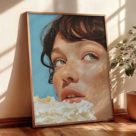 Close-Up Woman Biting Cake with Whipped Cream Food Photography Poster