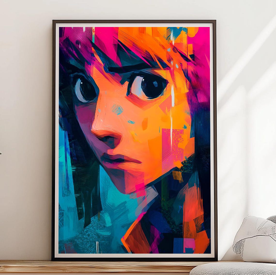 Vibrant Neon Manga Woman Portrait Anime Face Bold Colors Art Poster
