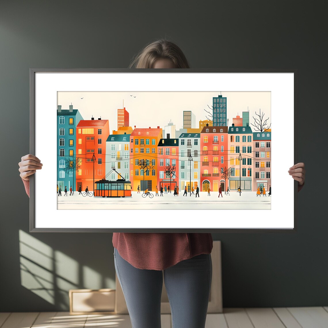 Colorful City Street Tram Panoramic Modern Cityscape Illustration Poster