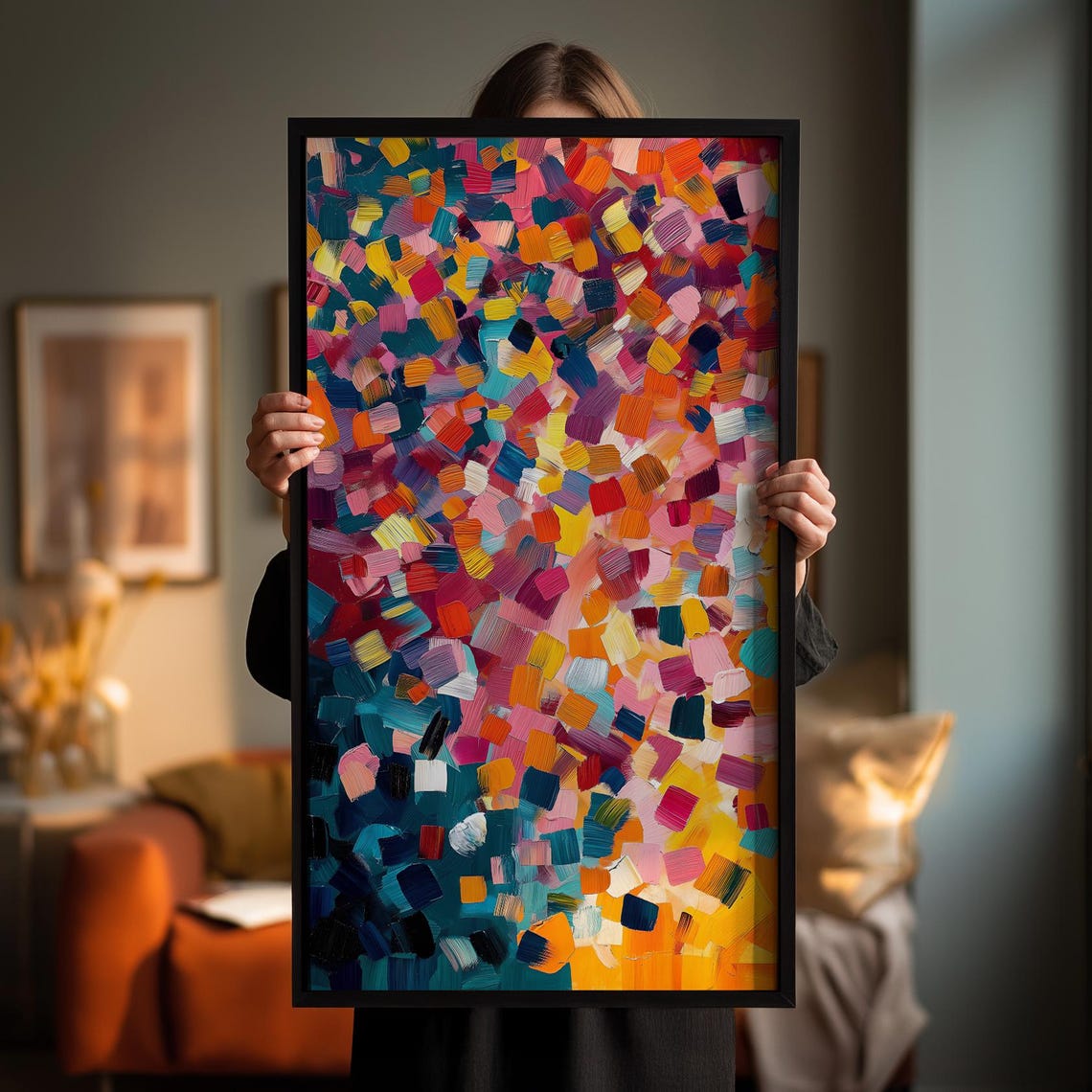 Colorful Abstract Brush Stroke Painting in Pink Orange and Teal Print