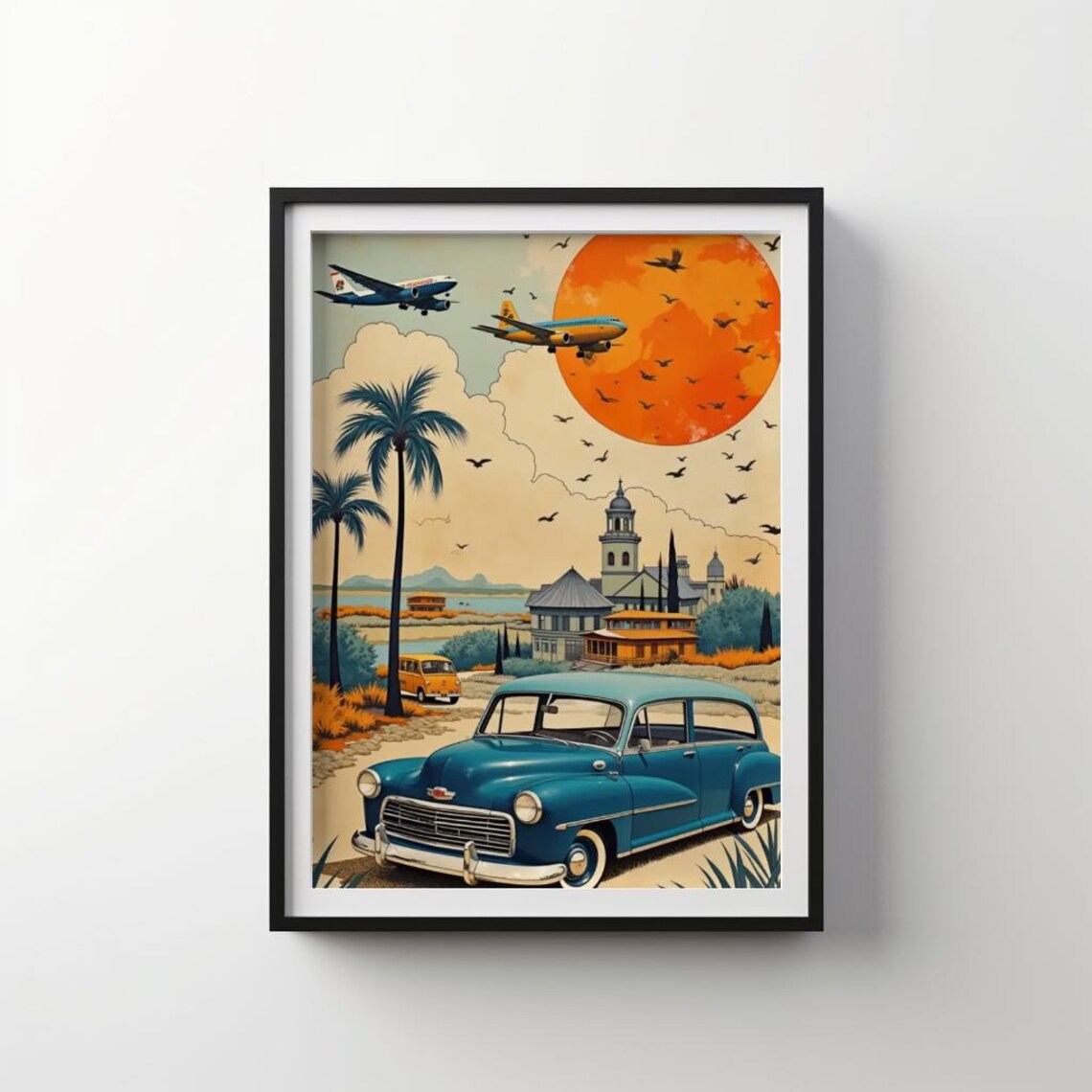 Vintage Classic Car Tropical Scene Airplane Travel Art Poster