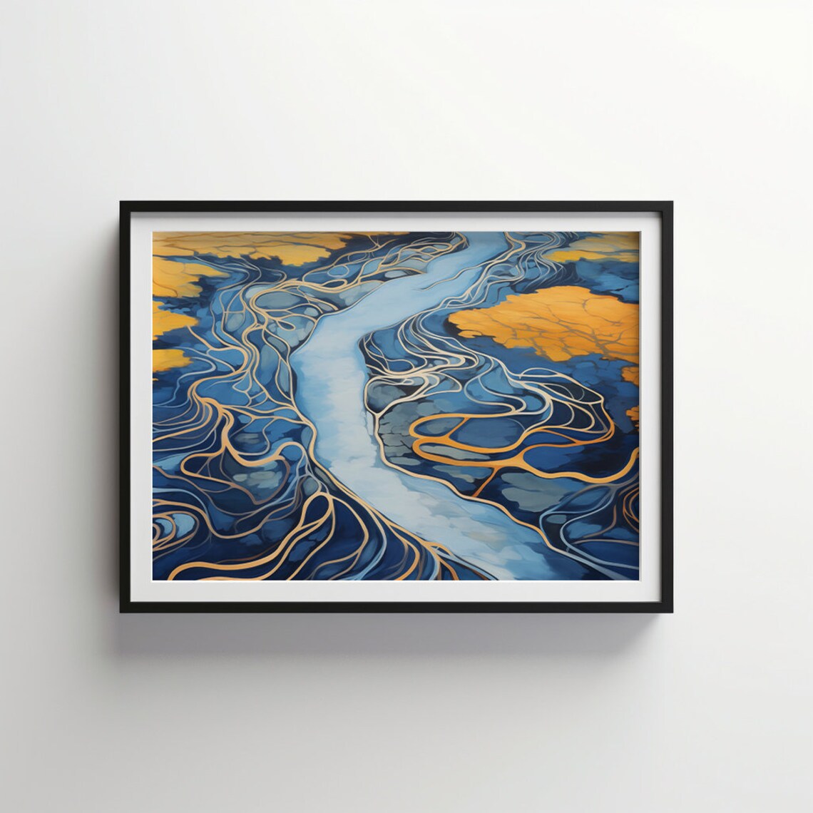 Indigo River Delta Aerial View Braided Gold Channels Abstract Poster