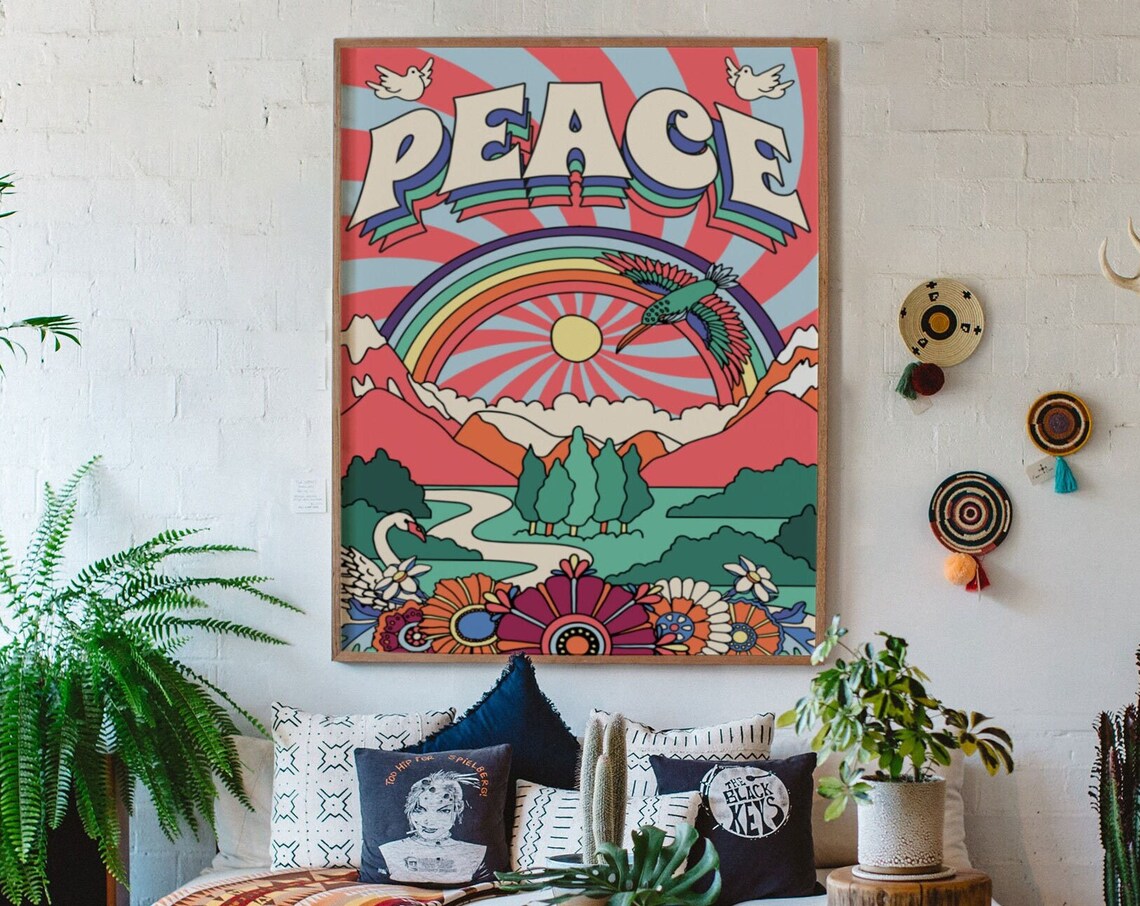 Peace 70s Vintage Poster, Boho Bedroom Wall Art