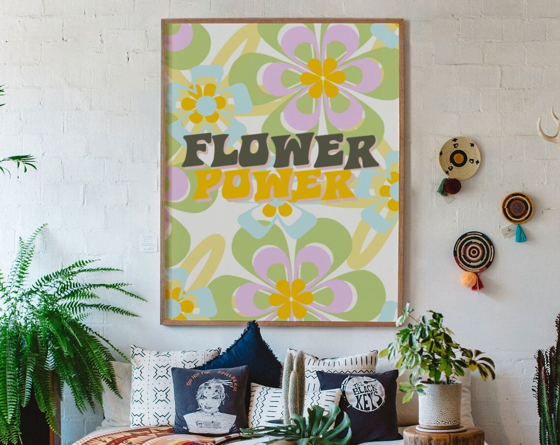 Flower Power Pastel Mint Green Groovy 70s Floral Retro Poster