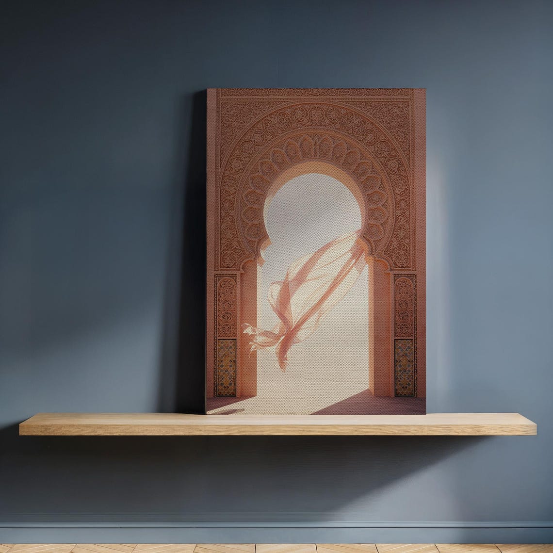 Flowing Scarf In Ornate Archway Canvas Wall Art Elegant Architectural Scene Framed Minimalist Artwork For Warm Serene Home Interior Decor