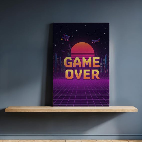 Retro Game Over Canvas Wall Art Neon Pixel Cityscape With Sunset Vaporwave Gaming Poster Framed Gift For Arcade And Gamer Room Decor