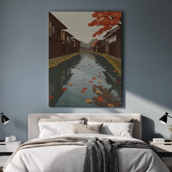 Autumn Japanese Canal Canvas Wall Art Framed Peaceful Street With Falling Maple Leaves Serene Gift For Calm And Seasonal Home Decor